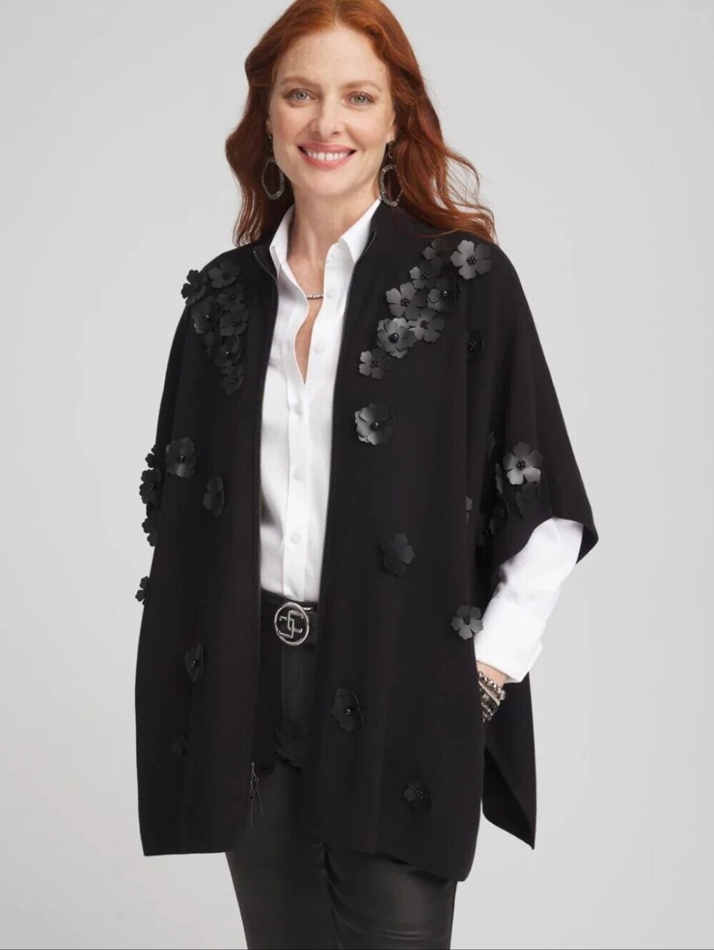 Chico's Ruana Sweater With Leather 3D Flowers Size Small / Medium NWT